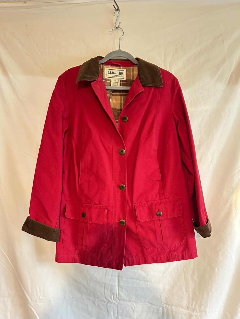 L.L. Bean Women's Red Adirondack Barn Jacket with Brown Corduroy Trim